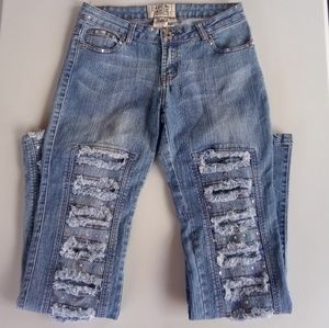 Tell Denim Works Destroyed Blue Jeans Bling